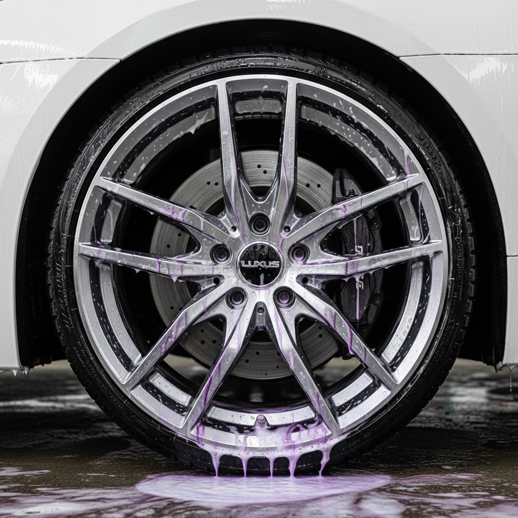 고급 외제차의 알루미늄 휠에 하얀 세정 거품이 가득 덮여 있으며 철분 제거 성분이 브레이크 분진과 반응하여 진한 보라색 액체로 변해 흘러내리는 고해상도 근접 사진
