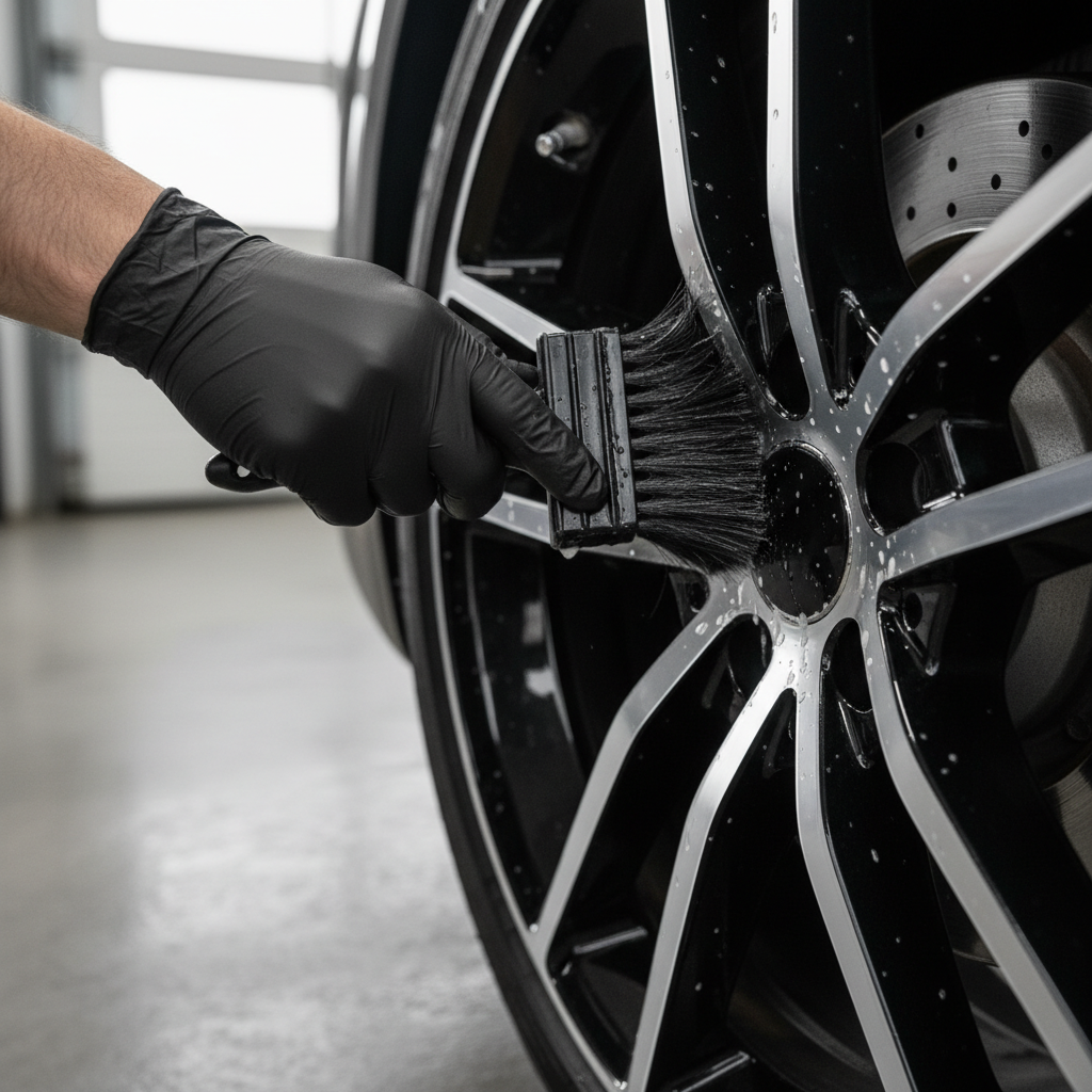 검은색 니트릴 장갑을 낀 전문가의 손이 정교한 디자인의 자동차 휠 스포크 사이사이를 부드러운 디테일링 브러시로 구석구석 세척하고 있는 생동감 넘치는 장면