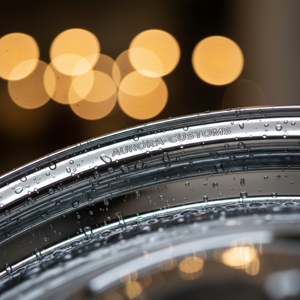 세척이 완료된 후 거울처럼 매끄럽게 빛나는 크롬 휠 표면에 투명한 물방울이 완벽하게 맺혀 있는 보케 효과가 적용된 감성적인 클로즈업 사진