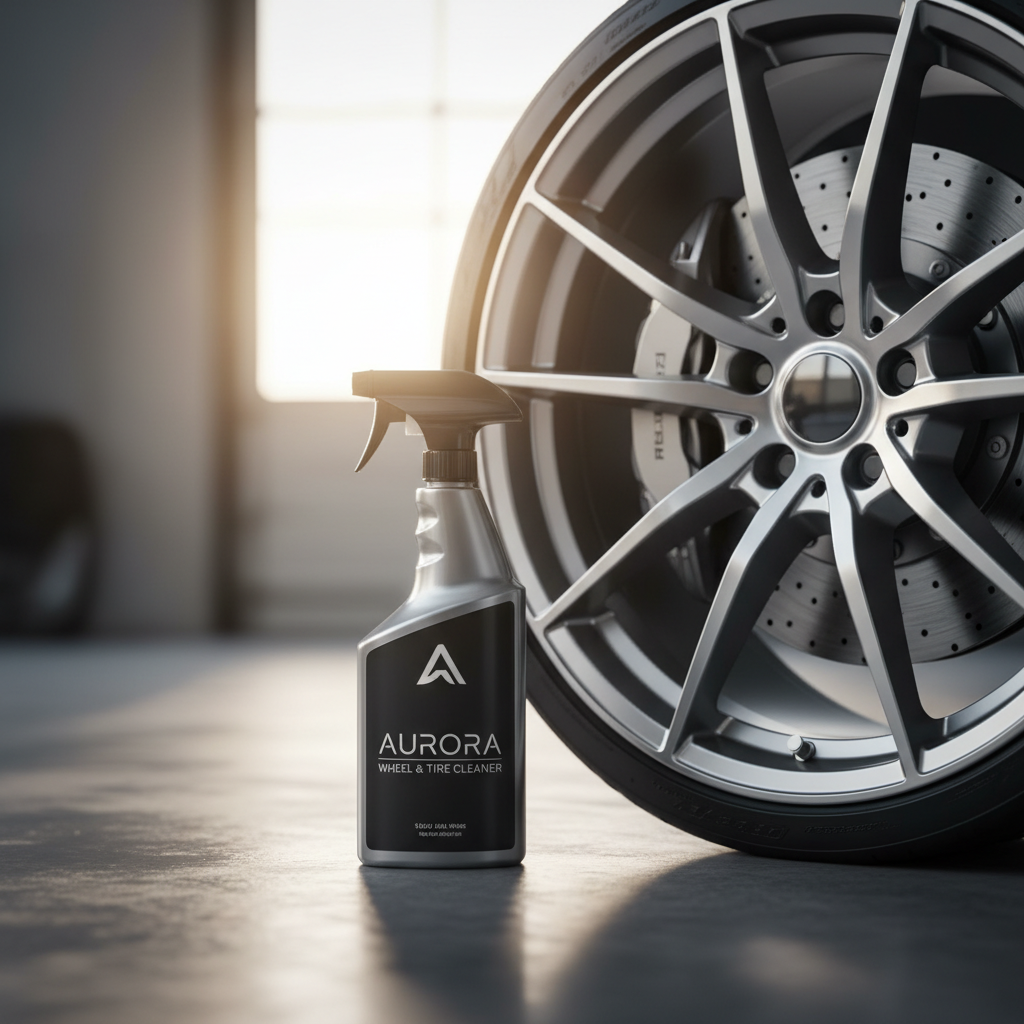 세련된 디자인의 휠 세정제 스프레이 제품이 깨끗하게 닦인 스포츠카 휠 옆에 세워져 있으며 뒤쪽으로 은은한 햇살이 비치는 프리미엄 제품 연출 사진