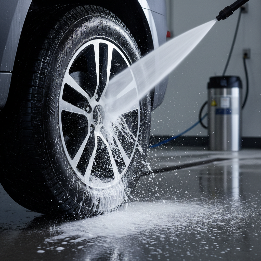 고압 세척기에서 뿜어져 나오는 강력한 물줄기가 휠에 묻은 두꺼운 거품과 오염물을 시원하게 씻어내며 물보라가 튀는 역동적인 순간을 포착한 사진